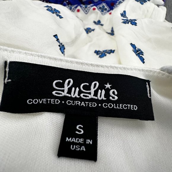 Lulu's‎ Mini Dress Relaxed Fit Blue & Ivory Sleeveless Small Lined Lightweight - Picture 2 of 15